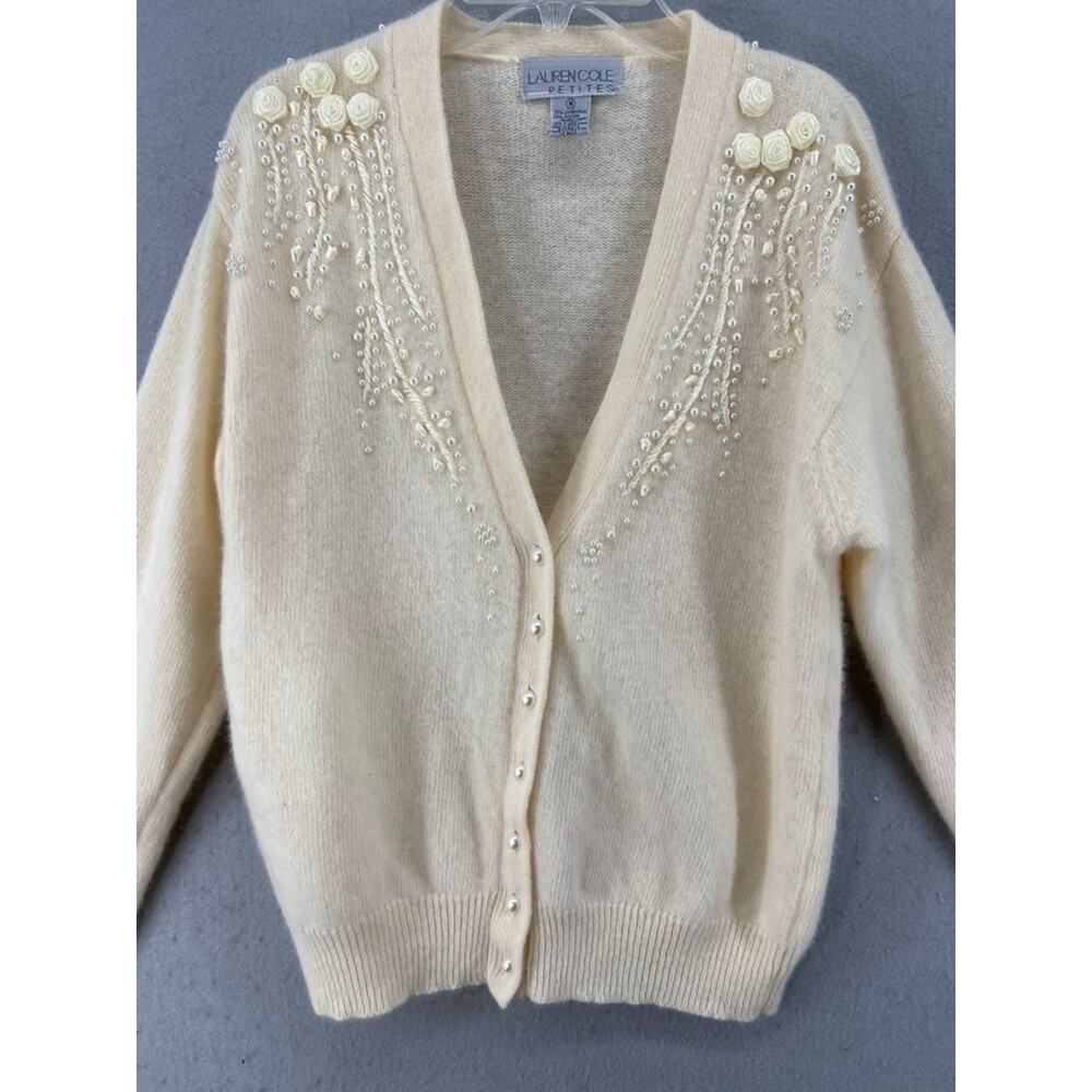 Lauren Cole Cardigan Women Petite PM Sweater Lambswool Angora Pearly Embroidered